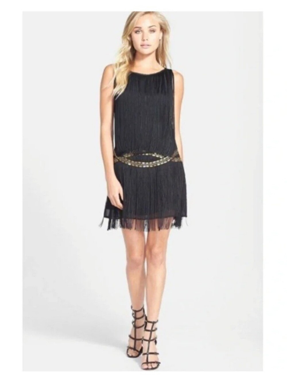 Filtre Black Gold Fringe Shift Dress Sleeveless Scoop Neck Size Small Flapper